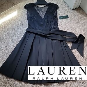 NWT Lauren Ralph Lauren mixed media evening black gown dress, pockets, sz 12